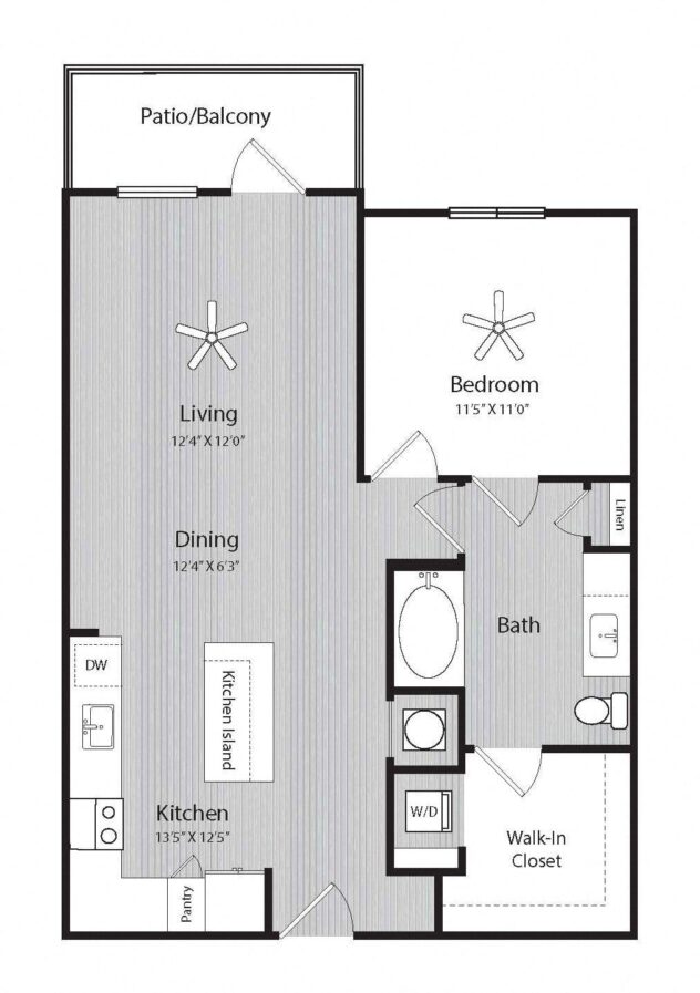 Rendering of the A3 floor plan with 1 bedroom[s] and 1 bathroom[s] at Windsor 335