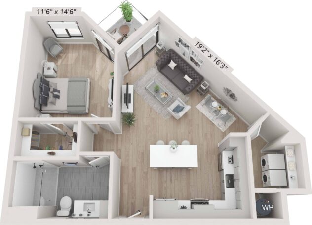 Rendering of the A3 floor plan with 1 bedroom[s] and 1 bathroom[s] at Céntrico by Windsor