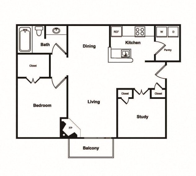 Rendering of the A3 floor plan with 1 bedroom[s] and 1 bathroom[s] at Windsor on White Rock Lake