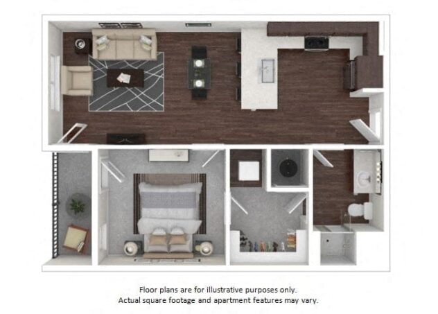 Rendering of the A3 floor plan with 1 bedroom[s] and 1 bathroom[s] at The Casey