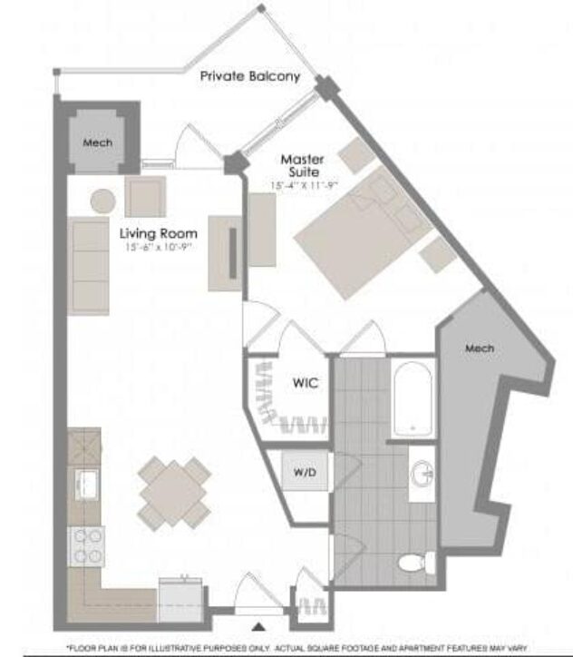 Rendering of the A3 floor plan with 1 bedroom[s] and 1 bathroom[s] at Twenty50 by Windsor