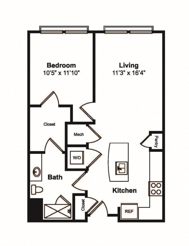 Rendering of the A3 floor plan with 1 bedroom[s] and 1 bathroom[s] at 565 Hank by Windsor