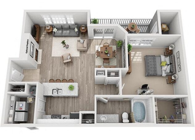 Rendering of the A3 floor plan with 1 bedroom[s] and 1 bathroom[s] at Windsor Addison Park