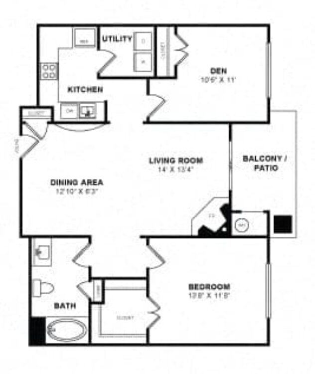 Rendering of the A3 floor plan with 2 bedroom[s] and 1 bathroom[s] at Windsor at Main Place