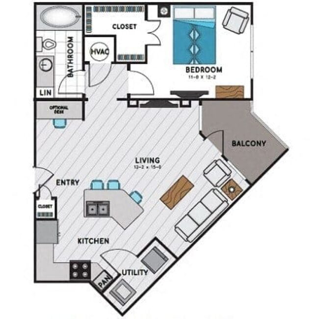 Rendering of the A3 floor plan with 1 bedroom[s] and 1 bathroom[s] at Windsor Chastain