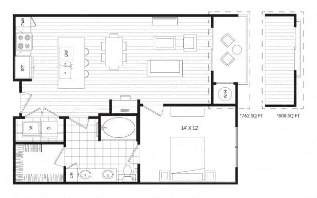 Rendering of the A3 floor plan with 1 bedroom[s] and 1 bathroom[s] at Windsor Oak Hill