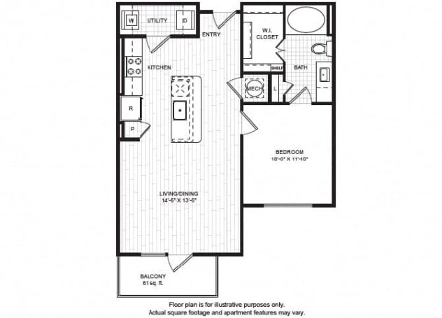 Rendering of the A3 floor plan with 1 bedroom[s] and 1 bathroom[s] at Windsor Old Fourth Ward