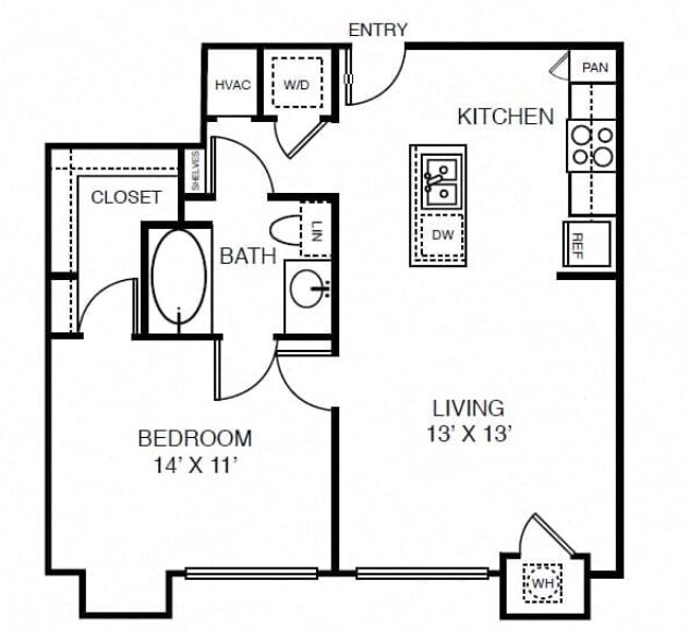 Rendering of the A3 floor plan with 1 bedroom[s] and 1 bathroom[s] at Windsor on the Lake