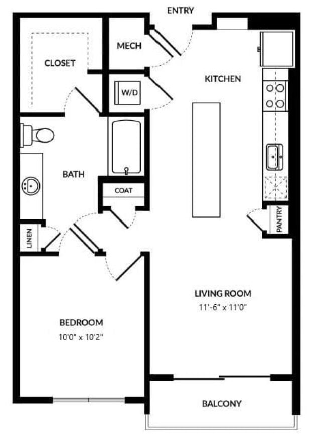 Rendering of the A3 floor plan with 1 bedroom[s] and 1 bathroom[s] at Windsor Preston