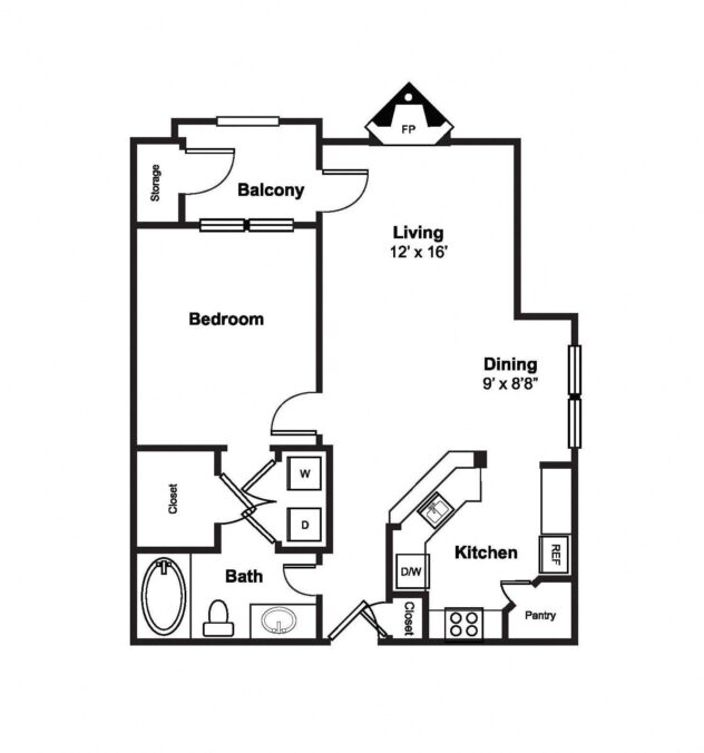 Rendering of the A3 floor plan with 1 bedroom[s] and 1 bathroom[s] at Windsor Westbridge