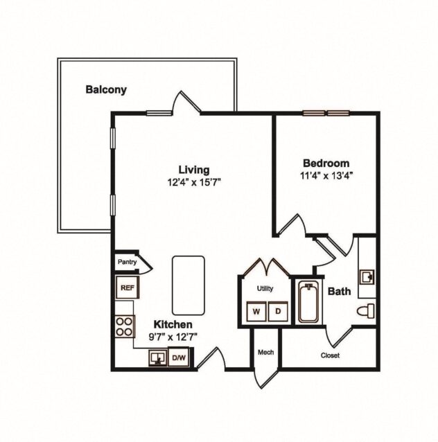 Rendering of the A3 floor plan with 1 bedroom[s] and 1 bathroom[s] at Yaupon by Windsor