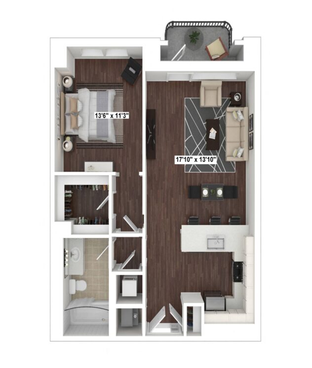 Rendering of the A3 floor plan with 1 bedroom[s] and 1 bathroom[s] at The Woodley