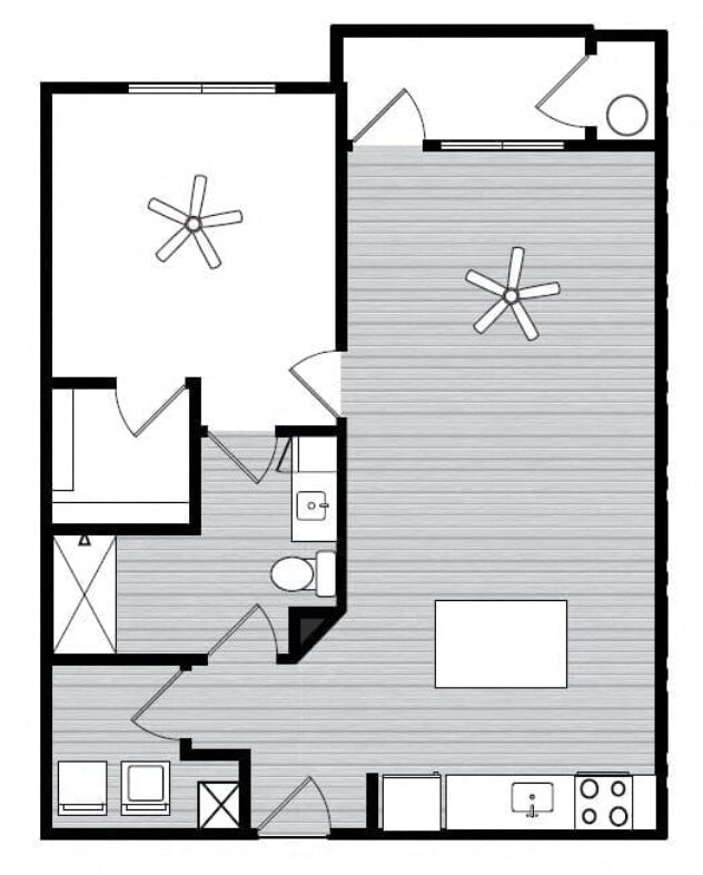 Rendering of the A3 floor plan with 1 bedroom[s] and 1 bathroom[s] at Windsor Republic Place