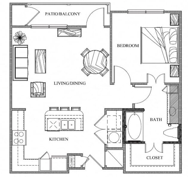 Rendering of the A3 floor plan with 1 bedroom[s] and 1 bathroom[s] at Eleven by Windsor