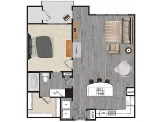 Rendering of the A3 floor plan with 1 bedroom[s] and 1 bathroom[s] at Windsor Mustang Park