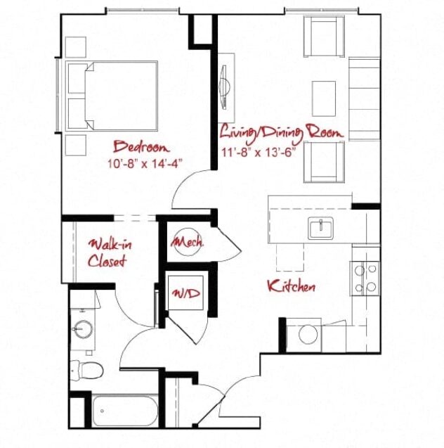 Rendering of the A3 floor plan with 1 bedroom[s] and 1 bathroom[s] at Windsor at Maxwells Green