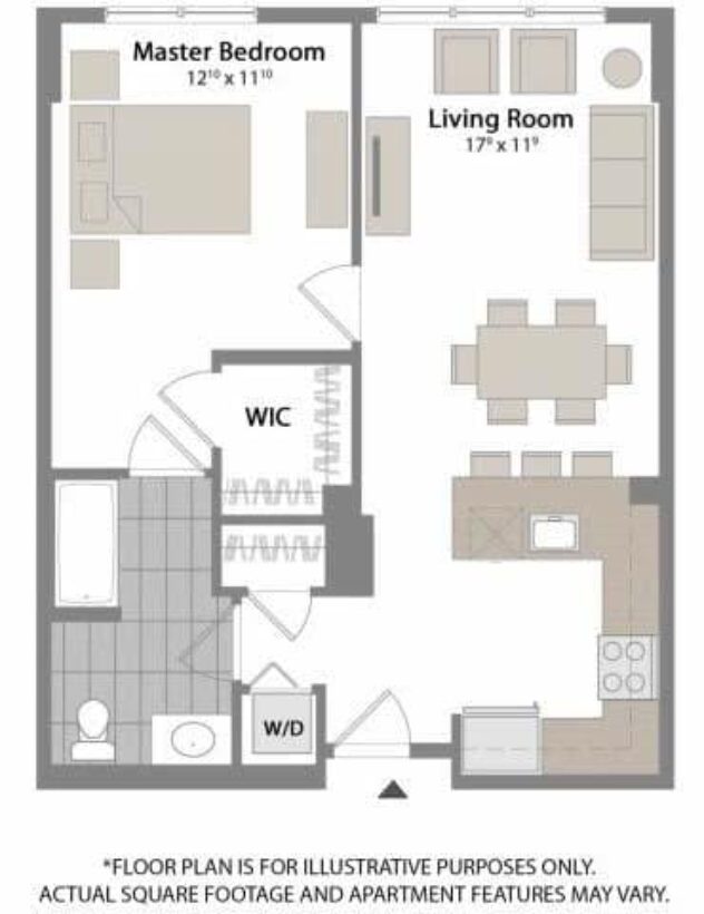 Rendering of the A3 floor plan with 1 bedroom[s] and 1 bathroom[s] at Warren at York by Windsor