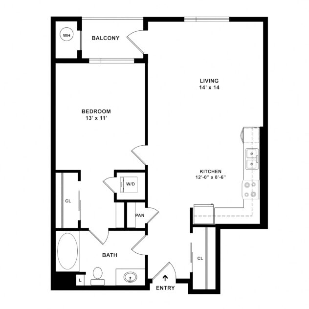 Rendering of the A3 floor plan with 1 bedroom[s] and 1 bathroom[s] at Sunset + Vine