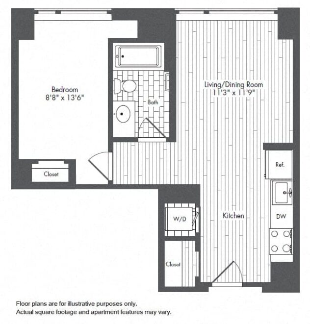 Rendering of the A3 floor plan with 1 bedroom[s] and 1 bathroom[s] at Waterside Place by Windsor