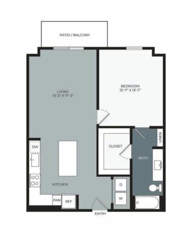 Rendering of the A3 floor plan with 1 bedroom[s] and 1 bathroom[s] at Windsor West Plano