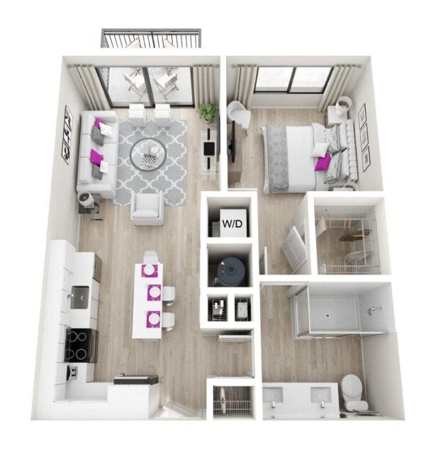 Rendering of the A3 - Entice floor plan with 1 bedroom[s] and 1 bathroom[s] at Windsor Ludlam Trail