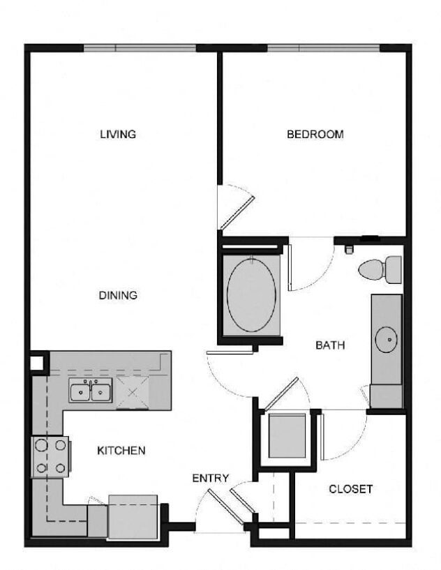 Rendering of the A3 One Bedroom floor plan with 1 bedroom[s] and 1 bathroom[s] at South Park by Windsor