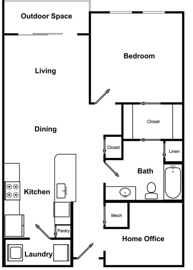 Rendering of the A3 - The Note floor plan with 1 bedroom[s] and 1 bathroom[s] at Windsor Encore