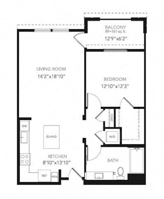 Rendering of the A3-W floor plan with 1 bedroom[s] and 1 bathroom[s] at Blu Harbor by Windsor