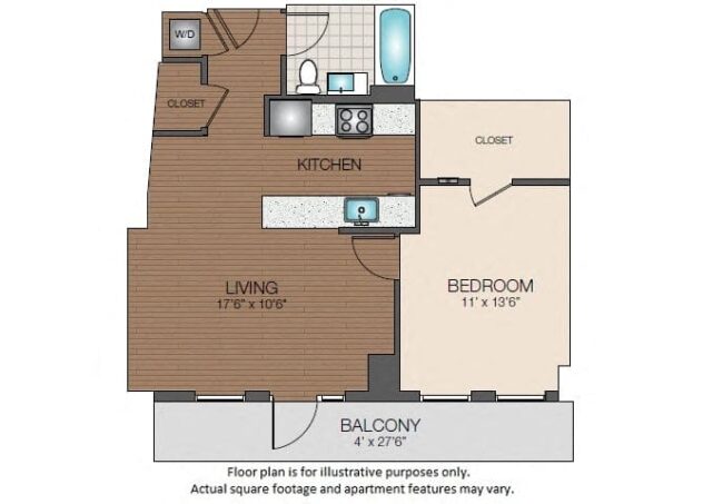 Rendering of the A3a floor plan with 1 bedroom[s] and 1 bathroom[s] at The Victor by Windsor