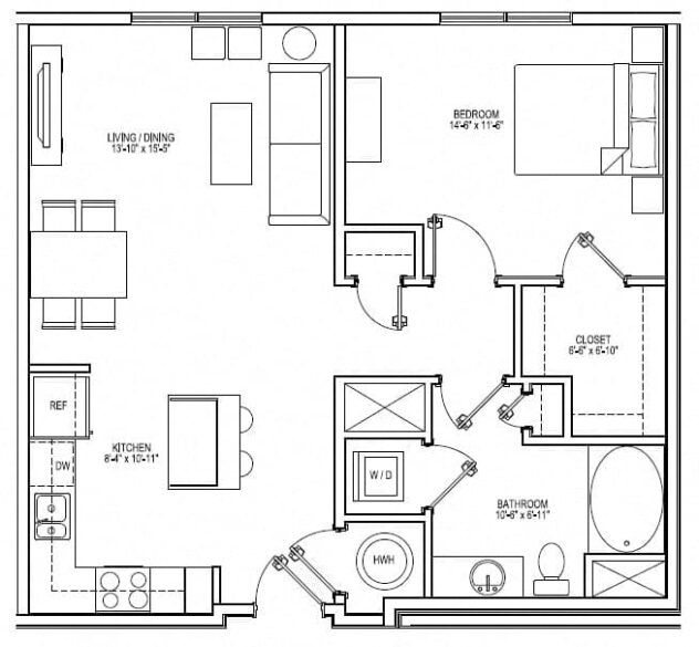 Rendering of the A3B floor plan with 1 bedroom[s] and 1 bathroom[s] at Vox on Two