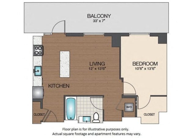 Rendering of the A3b floor plan with 1 bedroom[s] and 1 bathroom[s] at The Victor by Windsor