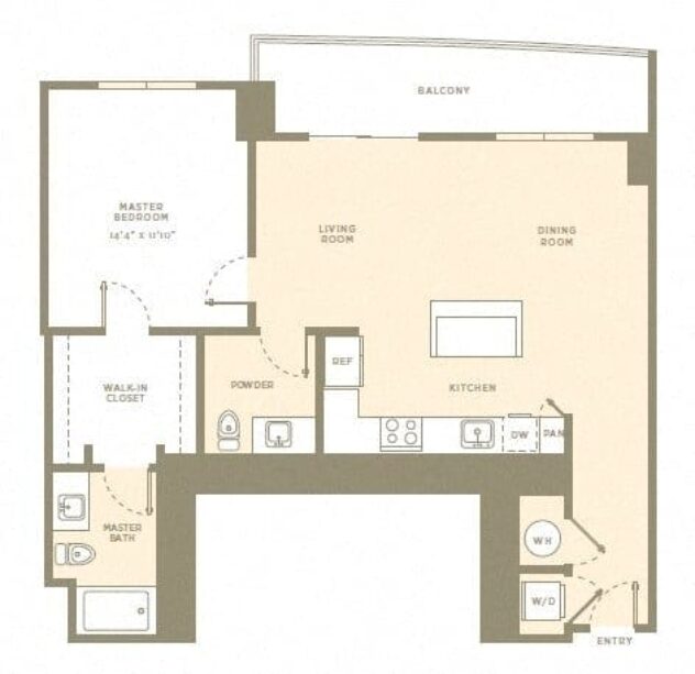 Rendering of the A3b floor plan with 1 bedroom[s] and 1.5 bathroom[s] at Amaray Las Olas by Windsor