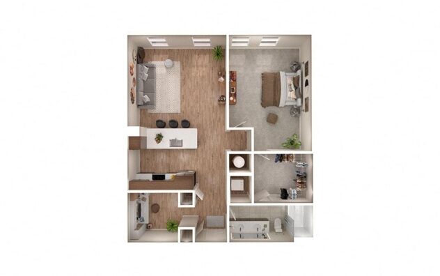 Rendering of the A3D floor plan with 1 bedroom[s] and 1 bathroom[s] at Windsor South Congress