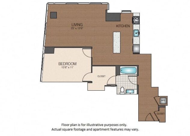 Rendering of the A3e floor plan with 1 bedroom[s] and 1 bathroom[s] at The Victor by Windsor