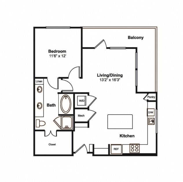 Rendering of the A4 floor plan with 1 bedroom[s] and 1 bathroom[s] at Windsor Fitzhugh