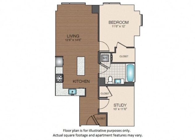 Rendering of the A4 floor plan with 1 bedroom[s] and 1 bathroom[s] at The Victor by Windsor