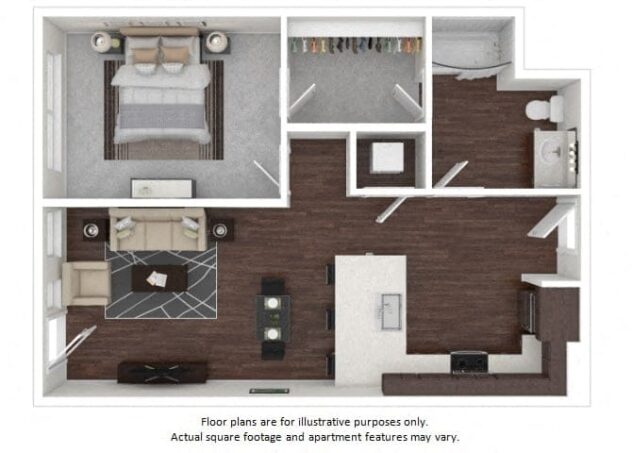 Rendering of the A4 floor plan with 1 bedroom[s] and 1 bathroom[s] at The Casey