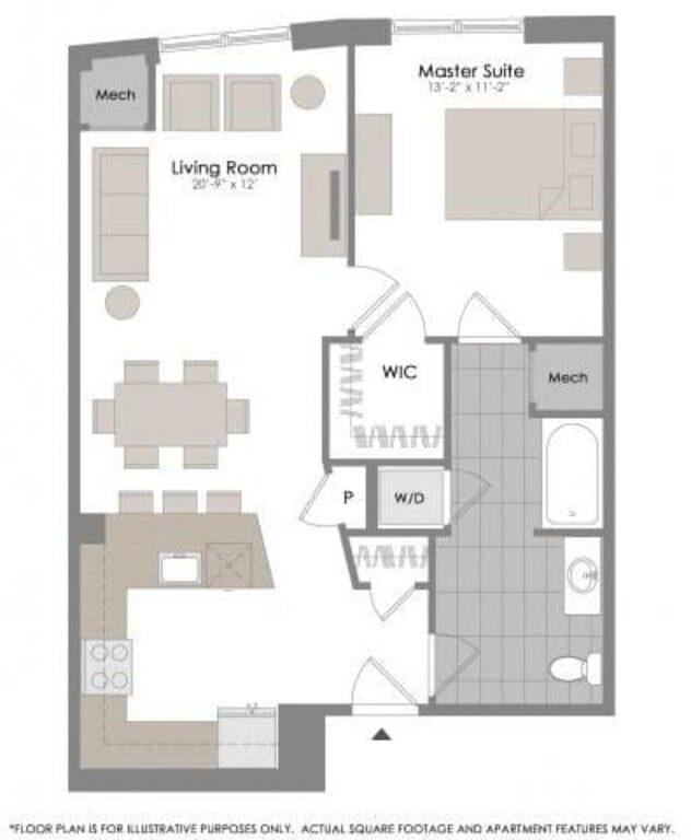 Rendering of the A4 floor plan with 1 bedroom[s] and 1 bathroom[s] at Twenty50 by Windsor