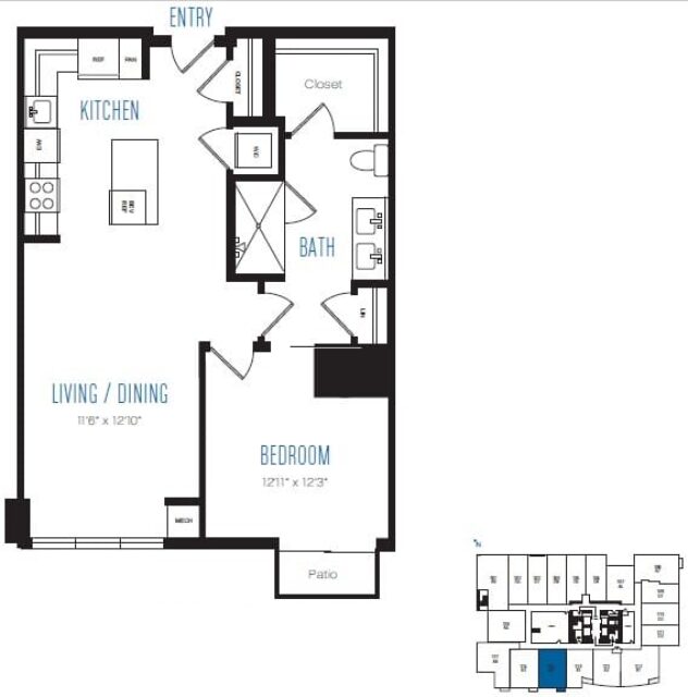 Rendering of the A4 floor plan with 1 bedroom[s] and 1 bathroom[s] at Stratus