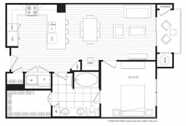 Rendering of the A4 floor plan with 1 bedroom[s] and 1 bathroom[s] at Windsor Oak Hill