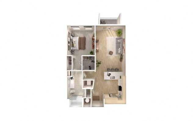 Rendering of the A4 floor plan with 1 bedroom[s] and 1 bathroom[s] at Windsor South Congress