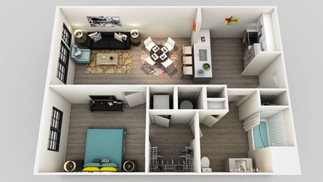 Rendering of the A4 floor plan with 1 bedroom[s] and 1 bathroom[s] at Edison on the Charles by Windsor