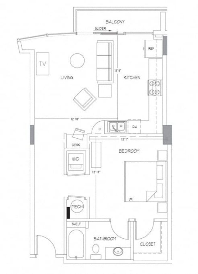 Rendering of the A4 floor plan with 1 bedroom[s] and 1 bathroom[s] at Glass House by Windsor