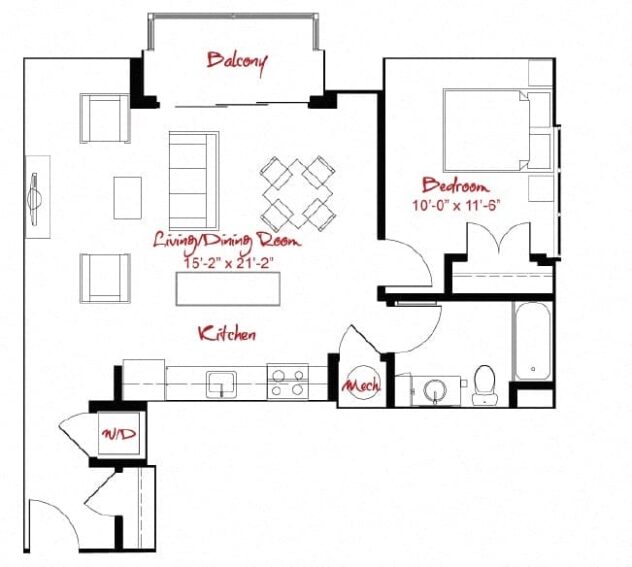 Rendering of the A4 floor plan with 1 bedroom[s] and 1 bathroom[s] at Windsor at Maxwells Green