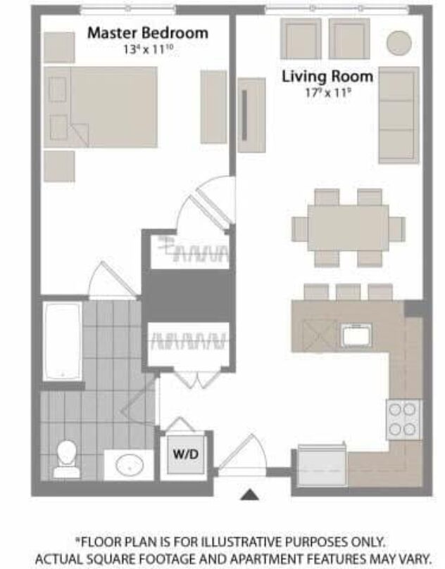 Rendering of the A4 floor plan with 1 bedroom[s] and 1 bathroom[s] at Warren at York by Windsor