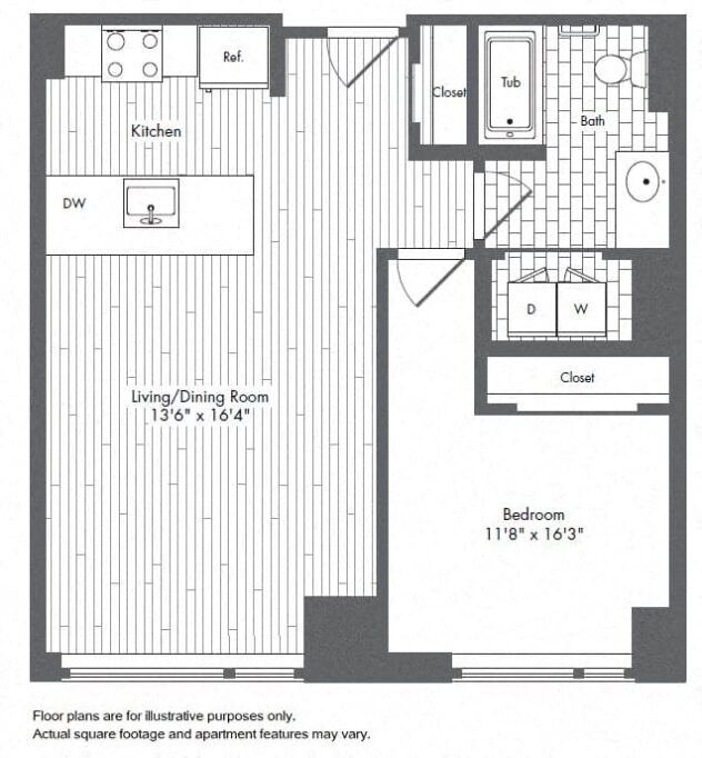 Rendering of the A4 floor plan with 1 bedroom[s] and 1 bathroom[s] at Waterside Place by Windsor