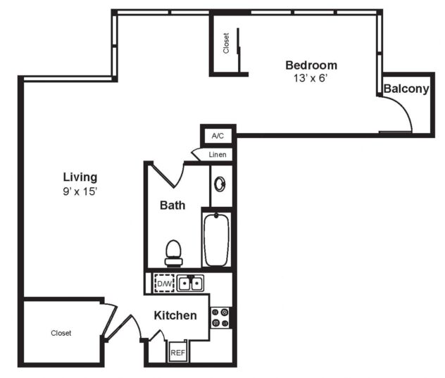 Rendering of the A4 floor plan with 1 bedroom[s] and 1 bathroom[s] at Renaissance Tower