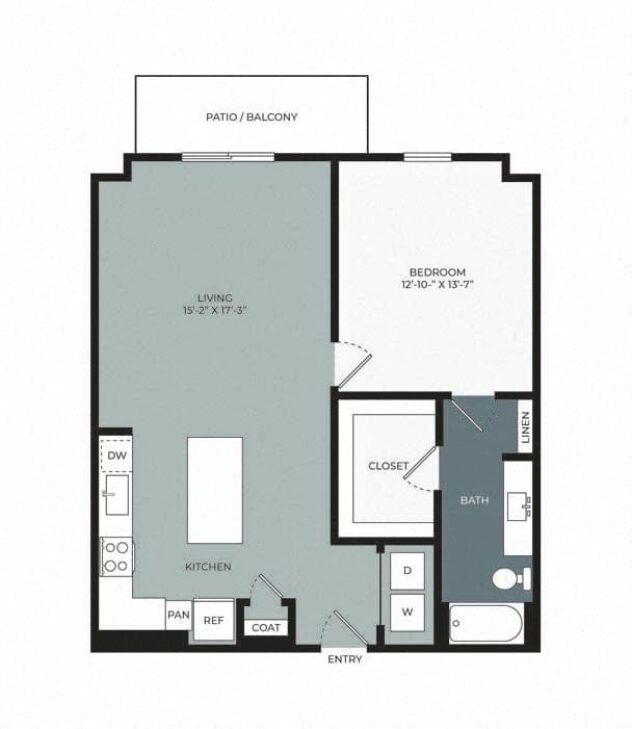 Rendering of the A4 floor plan with 1 bedroom[s] and 1 bathroom[s] at Windsor West Plano