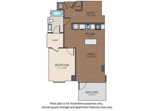 Rendering of the A4a floor plan with 1 bedroom[s] and 1 bathroom[s] at The Victor by Windsor