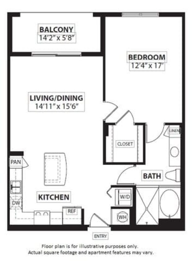 Rendering of the A5 1 Bed 1 Bath floor plan with 1 bedroom[s] and 1 bathroom[s] at Windsor at Doral